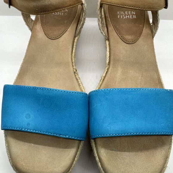 Eileen Fisher Blue & Tan Espadrille Platform Wedge Sandals Shoes Womens 7 - Picture 6 of 10